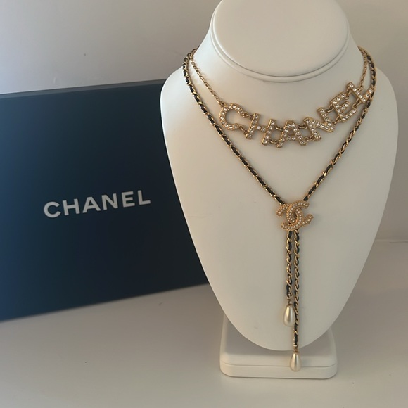 Chanel Double Necklace Rhinestone Chanel and Gold and Black Leather Necklace - Picture 5 of 8